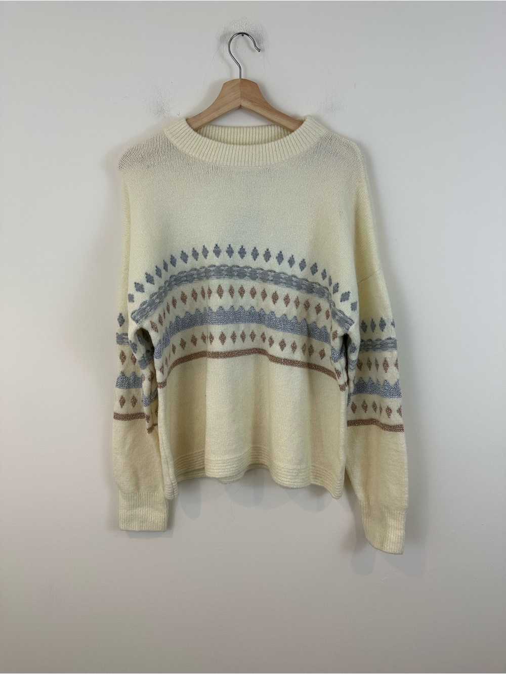 Aaron and Amber Metal Yarn Jacquard Print Cream Fair Isle Crewneck Sweater M/L